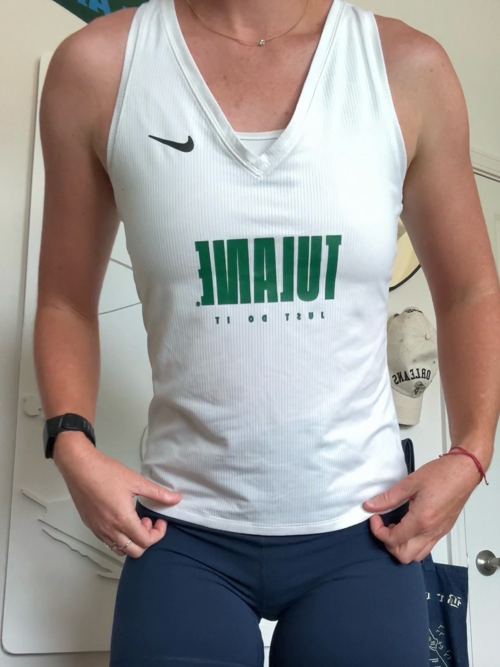 Nike White Ribbed V-Neck Tank with Green Tulane Graphic
